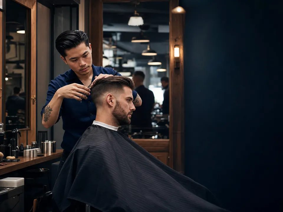 Barber giving a precise haircut in a contemporary barber shop