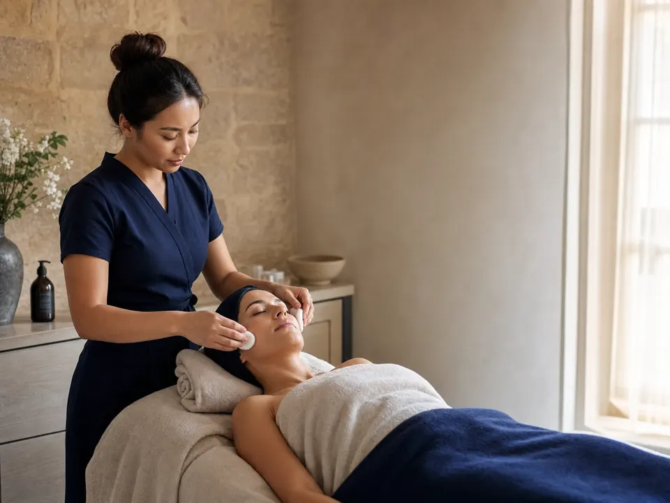 Therapist preparing a facial treatment in a calm spa